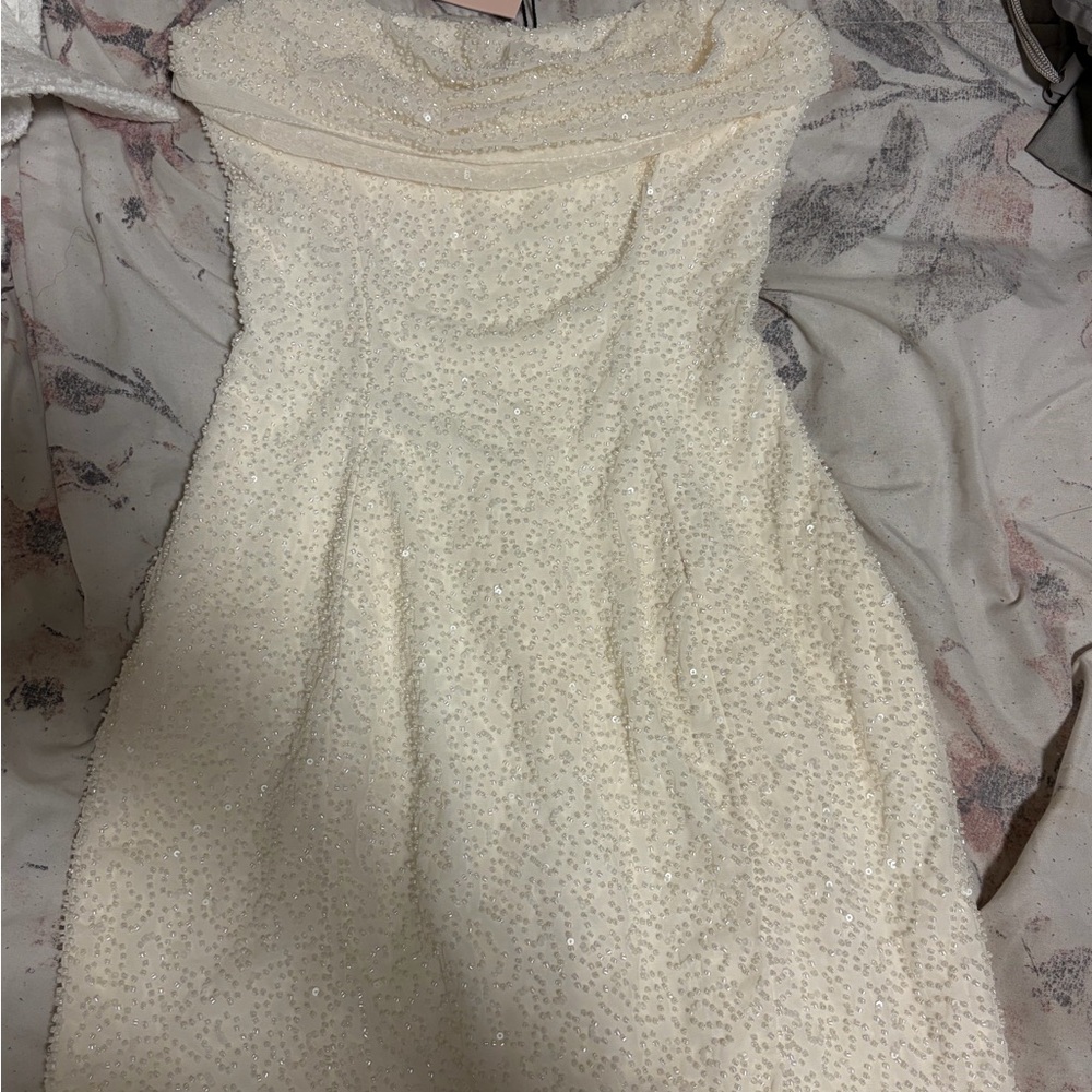 Oh Polly Strapless Cream Dress with Beaded Detail